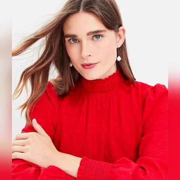 LOFT Petite Clip Ruffle Smocked Bright Red Dotted Blouse XS - Picture 2 of 3